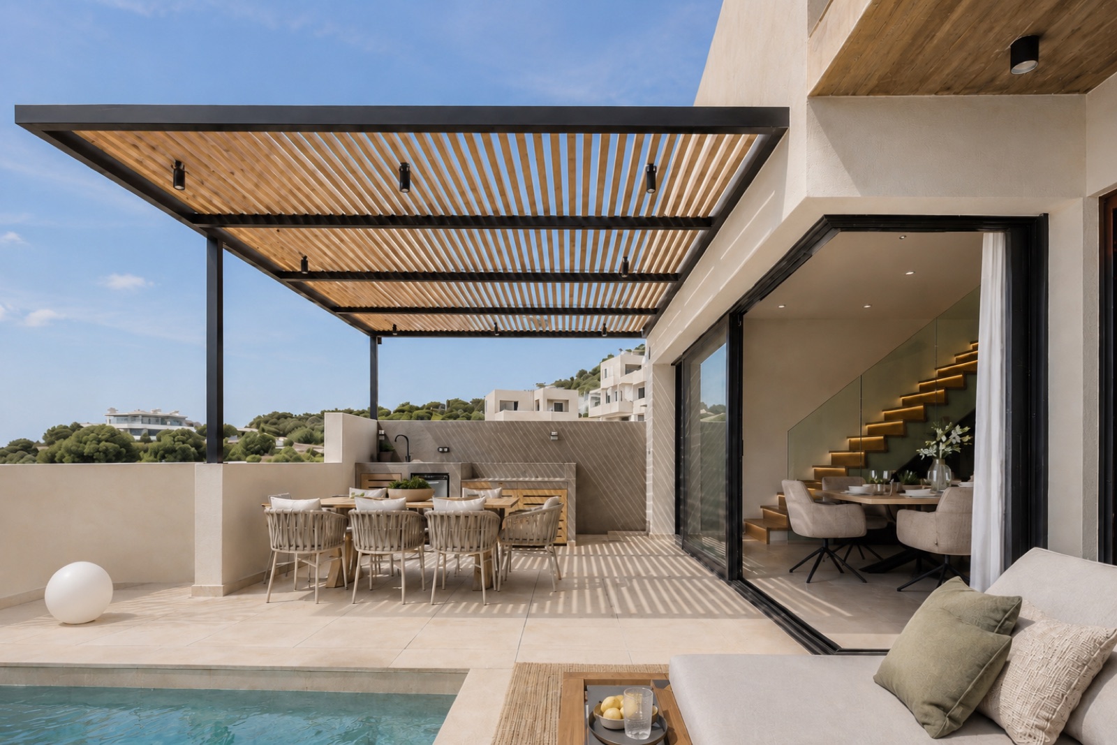 Private pool and terrace at golden hour